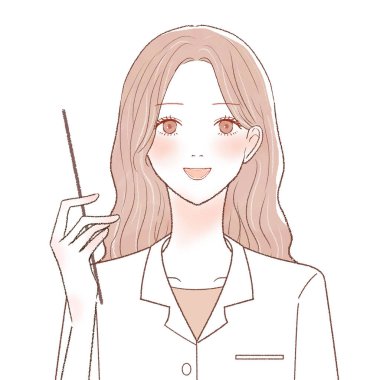 Kadın bir doktor elinde bir talimat çubuğu tutuyor ve açıklıyor. Beyaz bir arkaplanda.