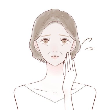 Orta yaşlı bir kadın donuk deriden muzdarip. Beyaz bir arkaplanda.