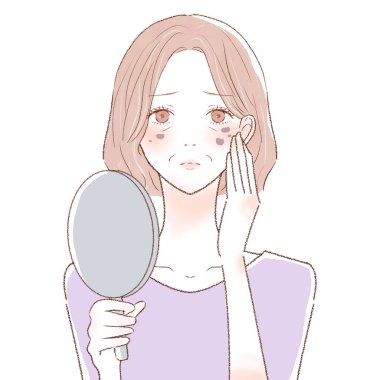 Lekeleri önemseyen orta yaşlı bir kadın. Beyaz bir arkaplanda.