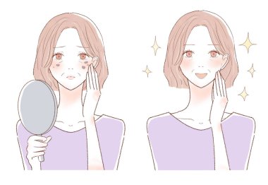 Lekeleri önemseyen orta yaşlı bir kadın. Önce ve sonra. Beyaz bir arkaplanda..