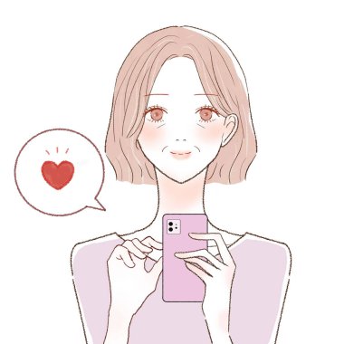 Akıllı telefondan hoşlanan orta yaşlı bir kadın. Beyaz bir arkaplanda.