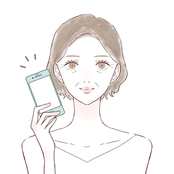 Femme Âge Moyen Avec Smartphone Sur Fond Blanc — Image vectorielle