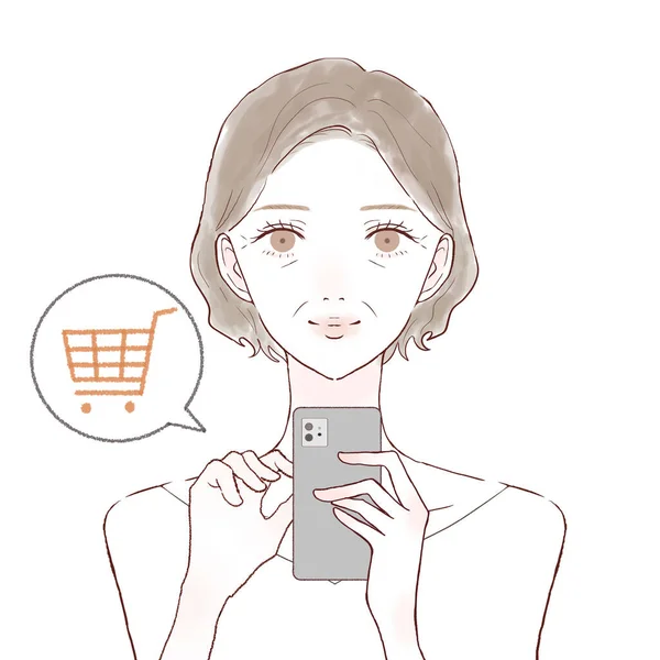 Middle Old Woman Shopping Smartphone White Background — Stock Vector