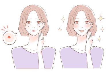 Bikibi 'yi önemseyen orta yaşlı bir kadın. Önce ve sonra. Beyaz bir arkaplanda..