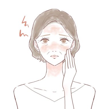 Orta yaşlı kadın yüz iltihabından muzdarip. Beyaz bir arkaplanda.