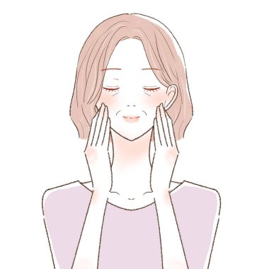 Orta yaşlı kadın yüz masajı yapıyor. Beyaz bir arkaplanda.