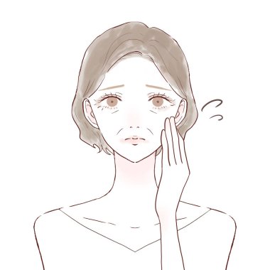 Orta yaşlı bir kadın makyaj krizinden muzdarip. Beyaz bir arkaplanda.