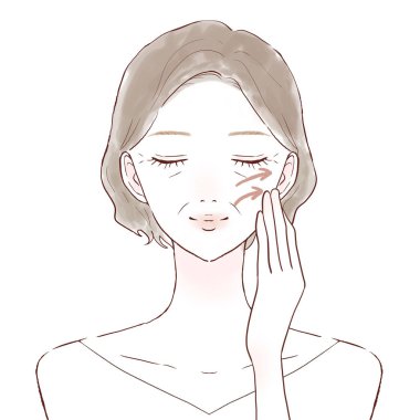 Yüzünü gerdiren orta yaşlı bir kadın. Beyaz bir arkaplanda.