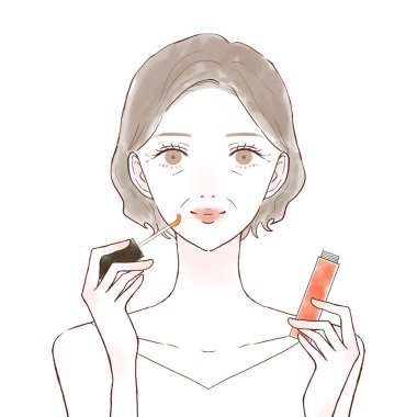 Dudak parlatıcısı süren orta yaşlı bir kadın. Beyaz bir arkaplanda.