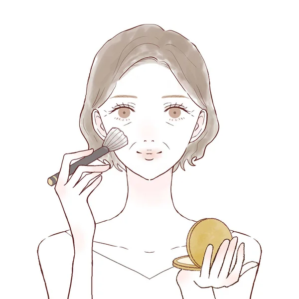 化粧ブラシで顔にうどんこ病の基礎を適用する中年女性 白地に — ストックベクタ