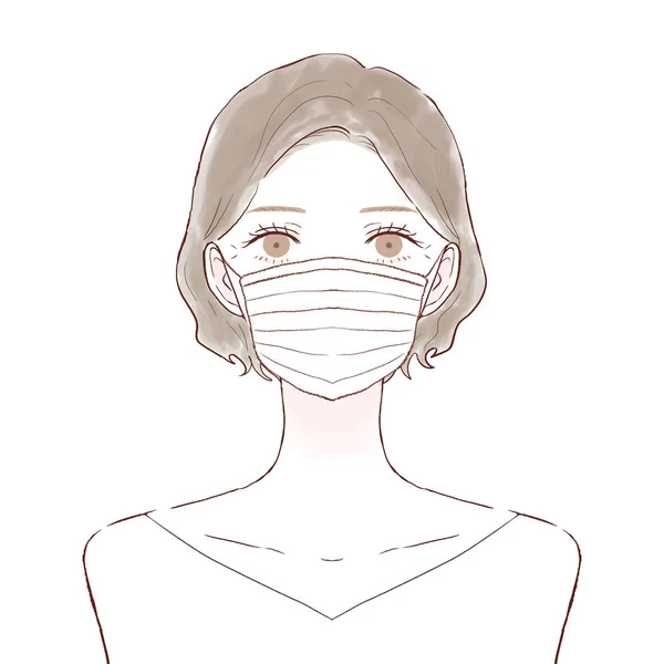 Μια Μεσήλικη Γυναίκα Που Φοράει Υφασμένη Μάσκα Λευκό Φόντο — Διανυσματικό Αρχείο