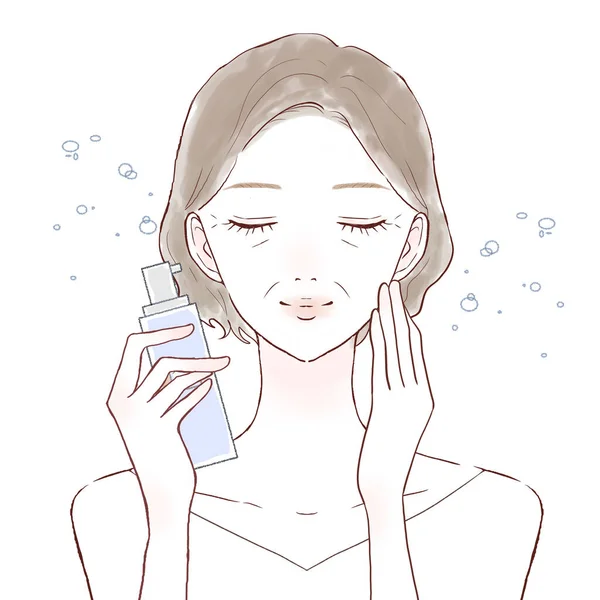Middle Old Woman Mist Type Lotion Sprinkled Her Face White — Stock Vector