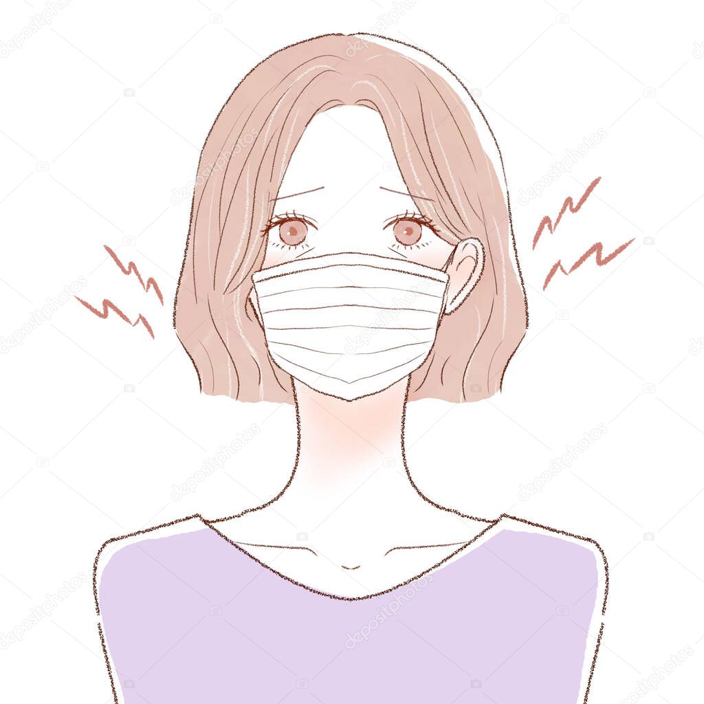 A middle-old woman suffering from friction and inflammation caused by wearing a mask. On a white background.