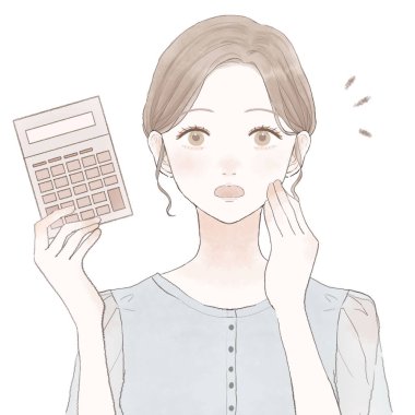 Hesap makineli bir kadın. Beyaz bir arkaplanda.