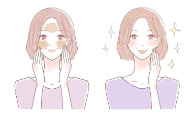 Ovalayarak gözeneklerini önemseyen orta yaşlı bir kadının. Beyaz bir arkaplanda.