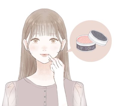 Dudaklarını ovalayan bir kadın. Beyaz bir arkaplanda.