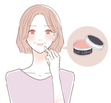 Dudaklarını ovalayan orta yaşlı bir kadın. Beyaz bir arkaplanda.