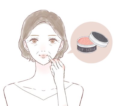 Dudaklarını ovalayan orta yaşlı bir kadın. Beyaz bir arkaplanda.