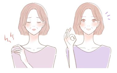 Orta yaşlı bir kadının omuzları sertleşmeden önce ve sonra çektiği acı. Beyaz bir arkaplanda.