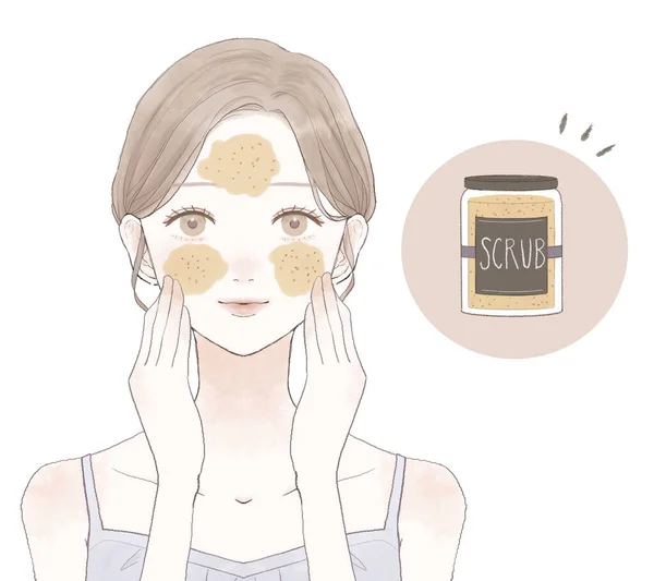 Femme Prenant Soin Des Pores Avec Gommage Sur Fond Blanc — Image vectorielle