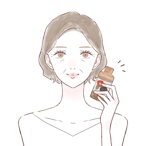 Mujer Mediana Edad Con Aceite Camelia Sobre Fondo Blanco — Vector de stock