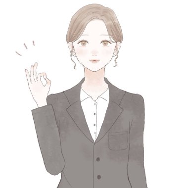 Takım elbiseli kadın, tamam işareti var. Beyaz arkaplanda.