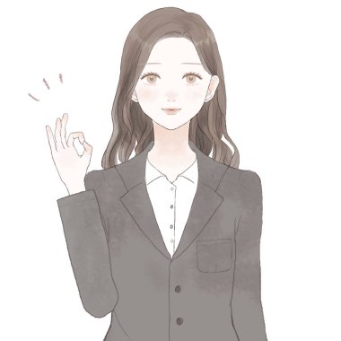 Takım elbiseli kadın, tamam işareti var. Beyaz arkaplanda.