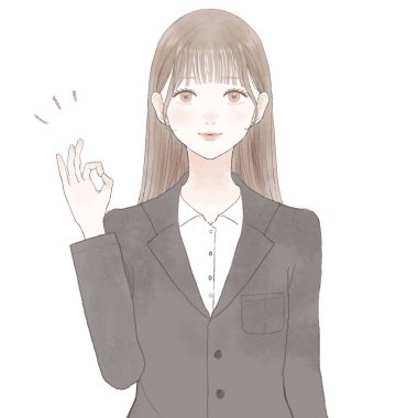 Takım elbiseli kadın, tamam işareti var. Beyaz arkaplanda.