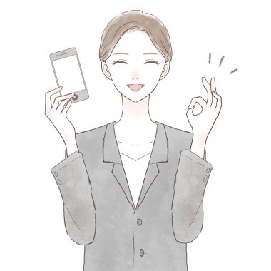 Takım elbiseli bir kadın elinde akıllı telefon ve elinde 