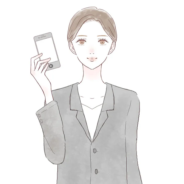 Žena Obleku Držící Smartphone Bílém Pozadí — Stockový vektor