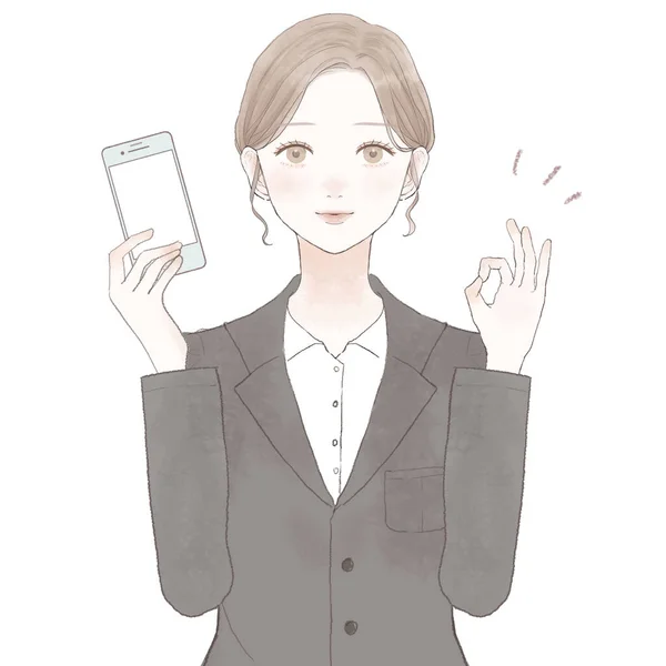Kobieta Garniturze Trzymająca Smartfona Trzymająca Znak Białym Tle — Wektor stockowy