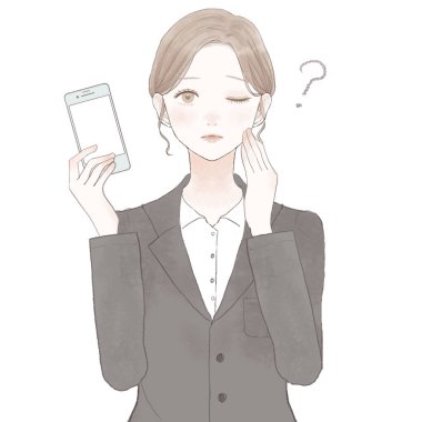 Akıllı telefonu ve şüphesi olan takım elbiseli bir kadın. Beyaz arkaplanda.