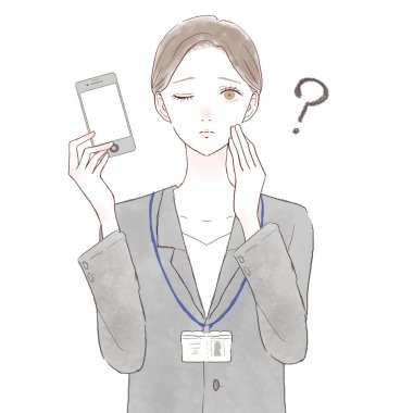 Akıllı telefonu ve şüphesi olan takım elbiseli bir kadın. Beyaz arkaplanda.