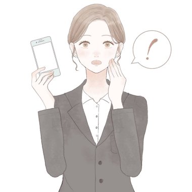 Takım elbiseli bir kadın akıllı telefonuyla şaşırdı. Beyaz arkaplanda.