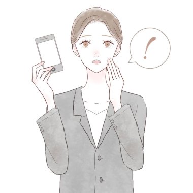 Takım elbiseli bir kadın akıllı telefonuyla şaşırdı. Beyaz arkaplanda.