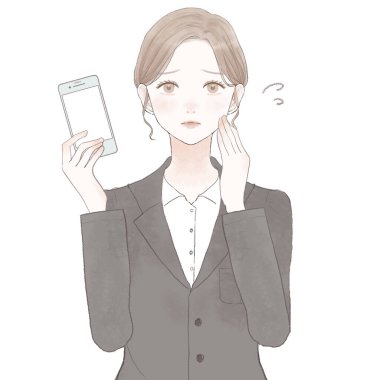 Akıllı telefonlu sorunlu takım elbiseli bir kadın. Beyaz arkaplanda.