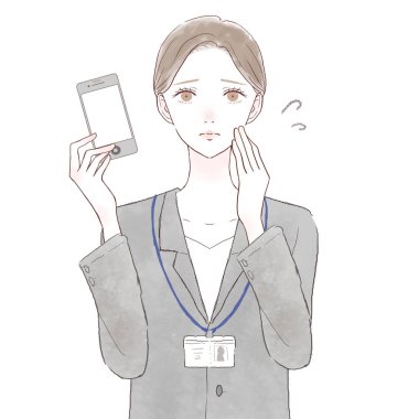 Akıllı telefonlu sorunlu takım elbiseli bir kadın. Beyaz arkaplanda.