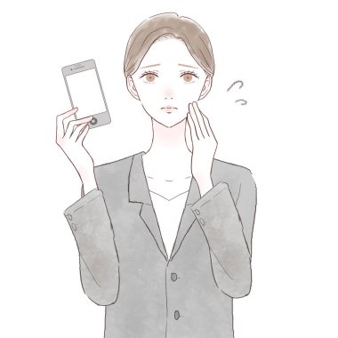 Akıllı telefonlu sorunlu takım elbiseli bir kadın. Beyaz arkaplanda.