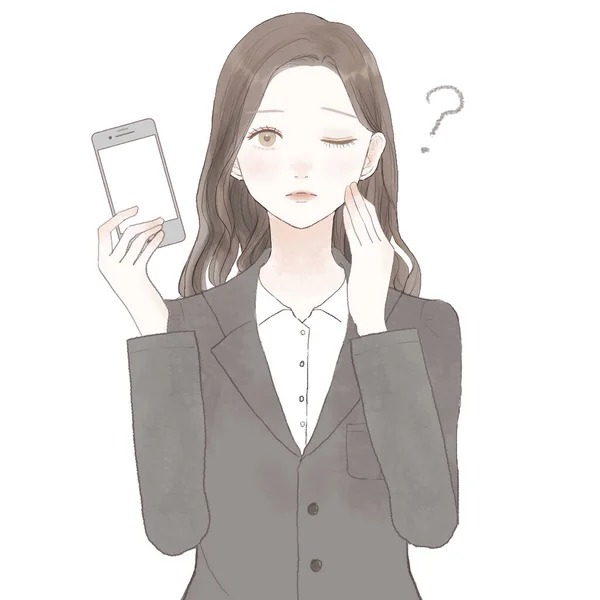 Mujer Traje Con Smartphone Duda Sobre Fondo Blanco — Vector de stock