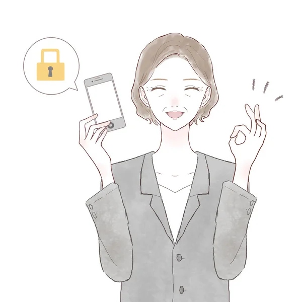 Mujer Mediana Edad Traje Con Smartphone Con Medidas Seguridad Sobre — Vector de stock