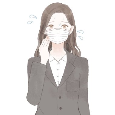 Takım elbiseli bir kadın maske taktığı için buhardan muzdarip. Beyaz arkaplanda.