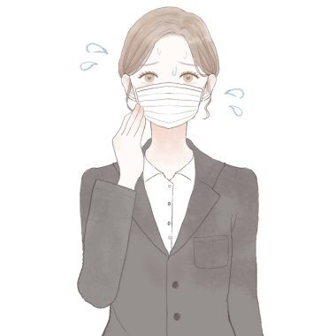 Takım elbiseli bir kadın maske taktığı için buhardan muzdarip. Beyaz arkaplanda.