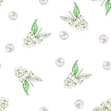 Narin beyaz çiçekli dalların suluboya desenleri. Yatak, kumaş, duvar kağıdı, ambalaj kağıdı, tekstil, tişört baskısı için şirin akvaryum dokusu