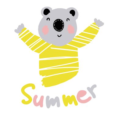 Üzerinde yazı olan sevimli koala çizimi. Çizgi film stili el çizimi vektör çizimi. Tişört, tekstil ve parmak izleri için tasarım.