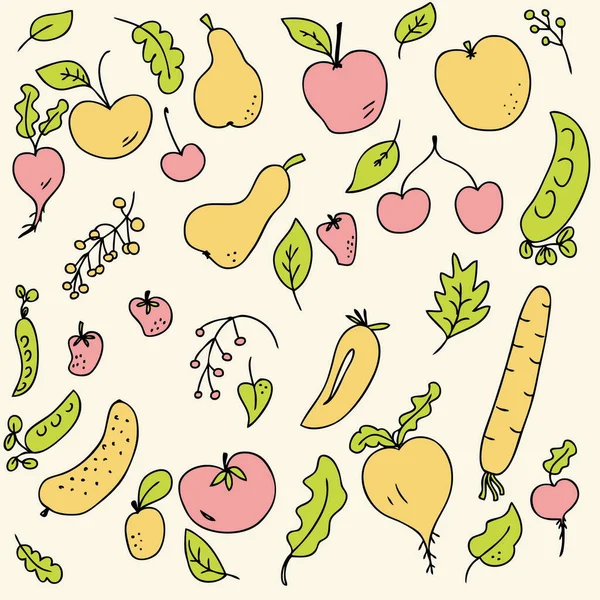 Padrão Vetorial Colheita Mão Colorida Desenhou Verduras Diferentes Frutos Design — Vetor de Stock