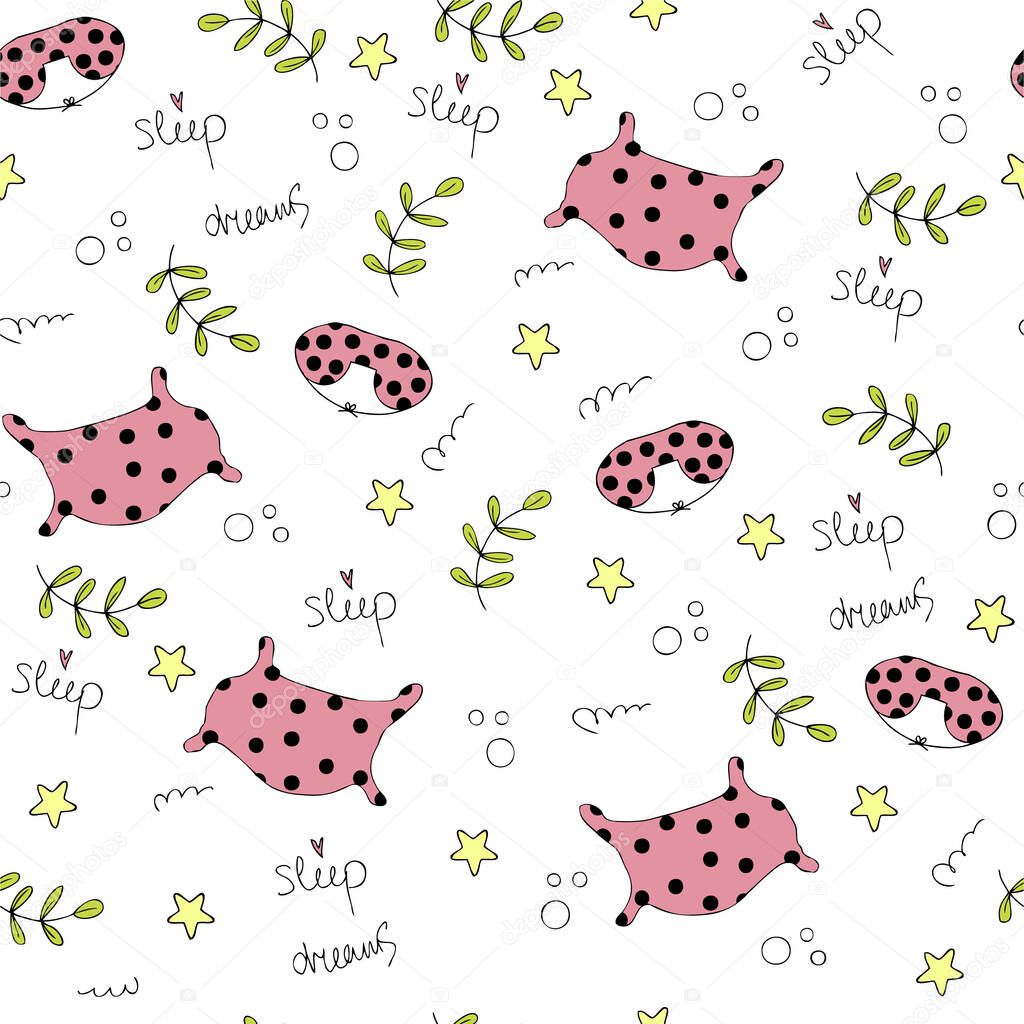 Cartoon style doodle seamless vector pattern of pillows and sleep masks. Perfect for scrapbooking, textile and prints.