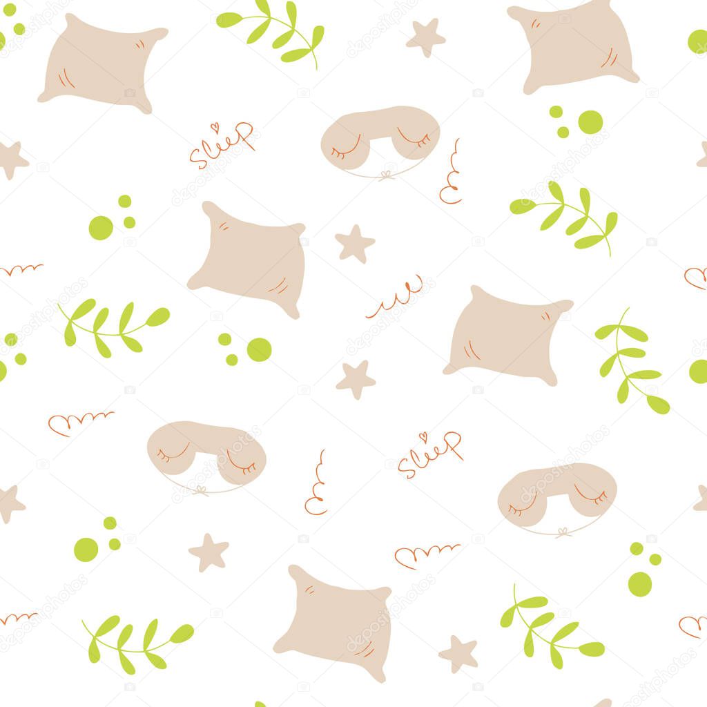 Cartoon style doodle seamless vector pattern of pillows and sleep masks. Perfect for scrapbooking, textile and prints.