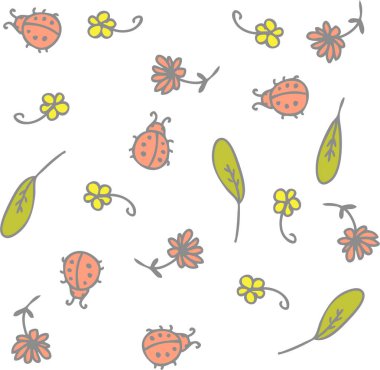 Şirin uğur böceklerinin, çiçeklerin ve yaprakların taşıyıcı deseni. Çizgi film tarzı. El çizimi vektör çizimi. Tişört, tekstil ve parmak izleri için tasarım.