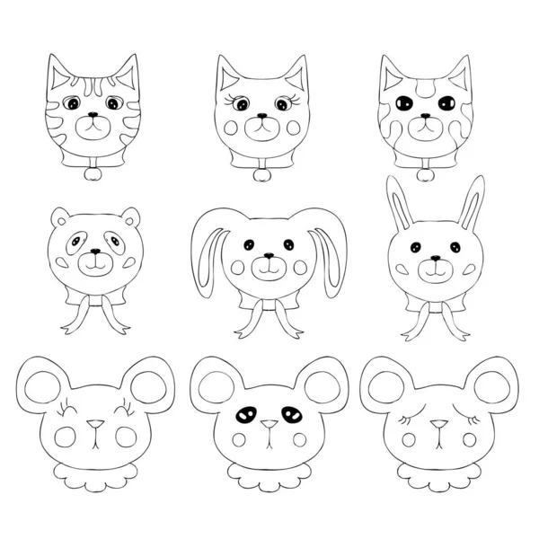 Simple Doodle Set Cute Little Animal Faces Cartoon Style Hand — Stock Vector