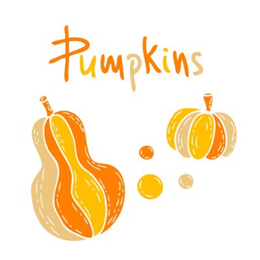 Üzerinde yazı olan iki tatlı turuncu balkabağı çizimin kutlu olsun. Doodle stili el çizimi vektör çizimi. Tişört, tekstil ve parmak izleri için tasarım.